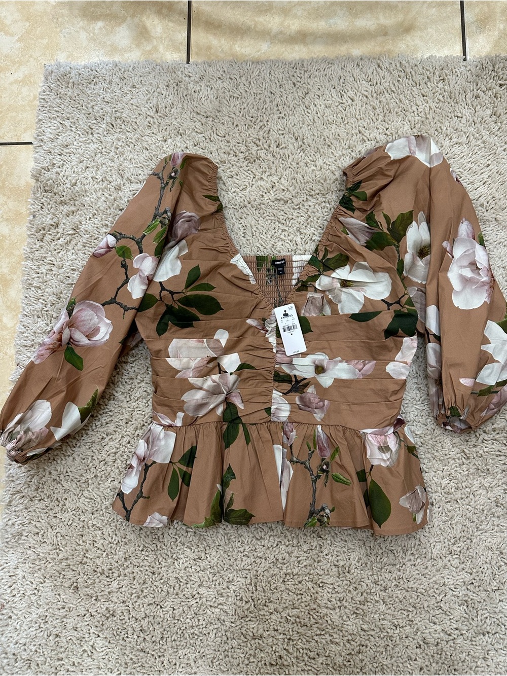 Express Brown Floral Puff Sleeve Peplum Top
